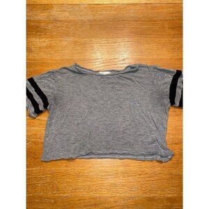 Gray Ringer Crop Top With Black Striped Sleeves